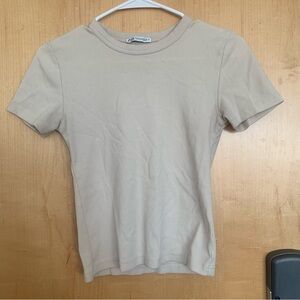 Zara beige ribbed short sleeve tee t shirt women’s size medium neutral basic